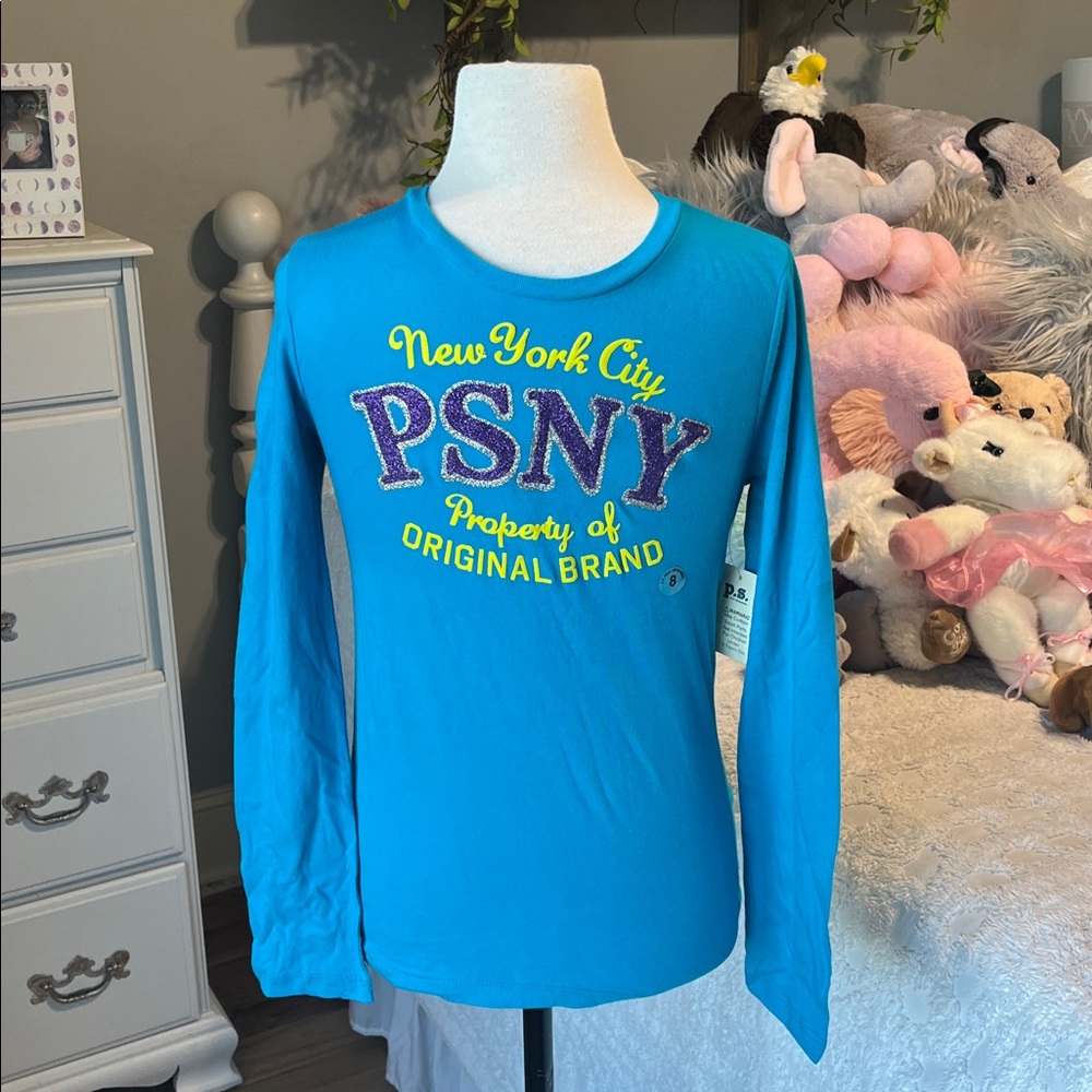 Aeropostale PS Bright Blue Long Sleeve Glittery Graphic Tee